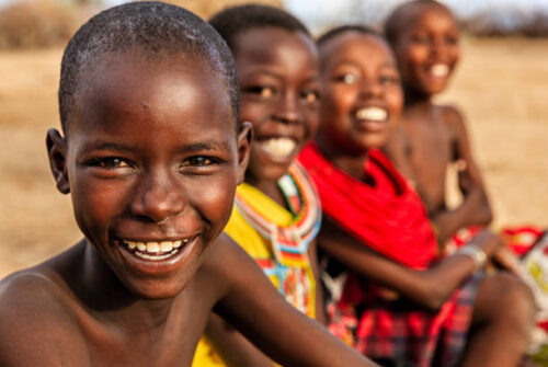 Group of happy African children from Samburu tribe, Kenya, Africa. Samburu tribe is north-central Kenya, and they are related to  the Maasai.